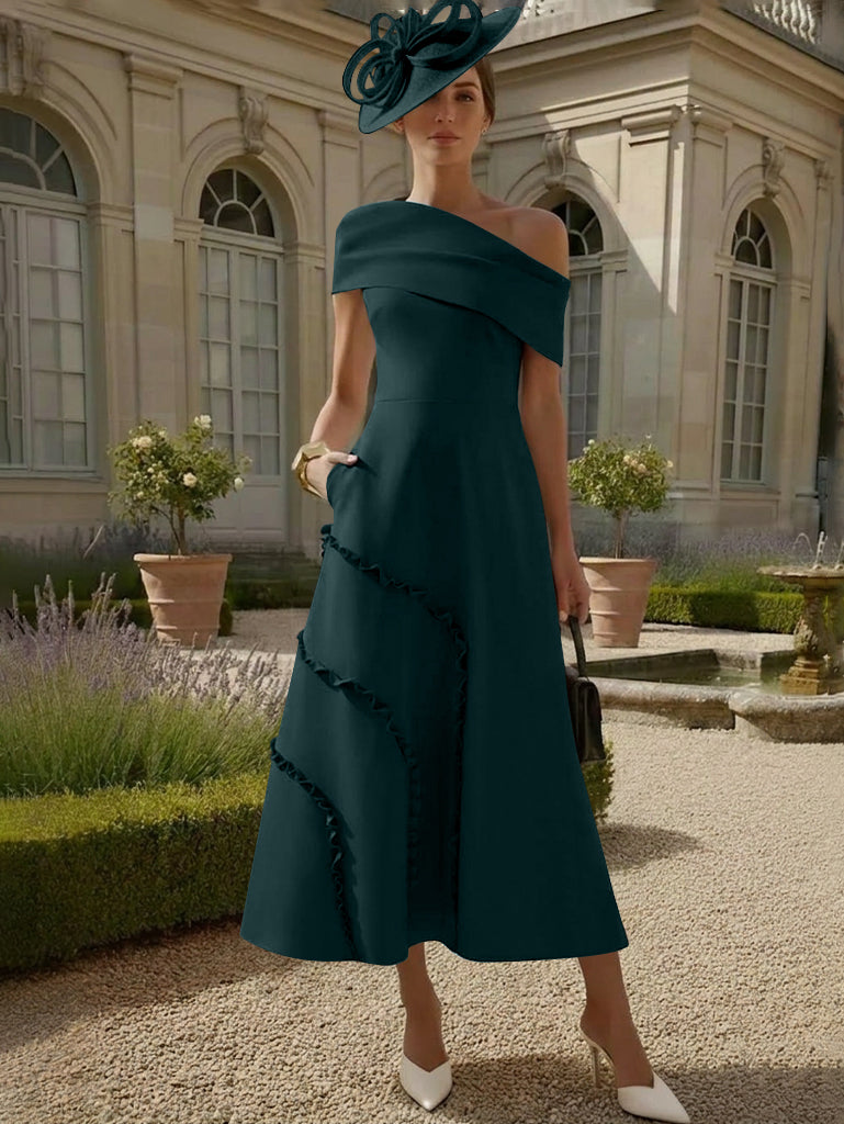 A-Line/Princess One-Shoulder Stretch Satin Mother of the Bride Dresses Tea-Length Sleeveless