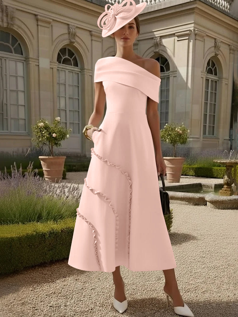 A-Line/Princess One-Shoulder Stretch Satin Mother of the Bride Dresses Tea-Length Sleeveless