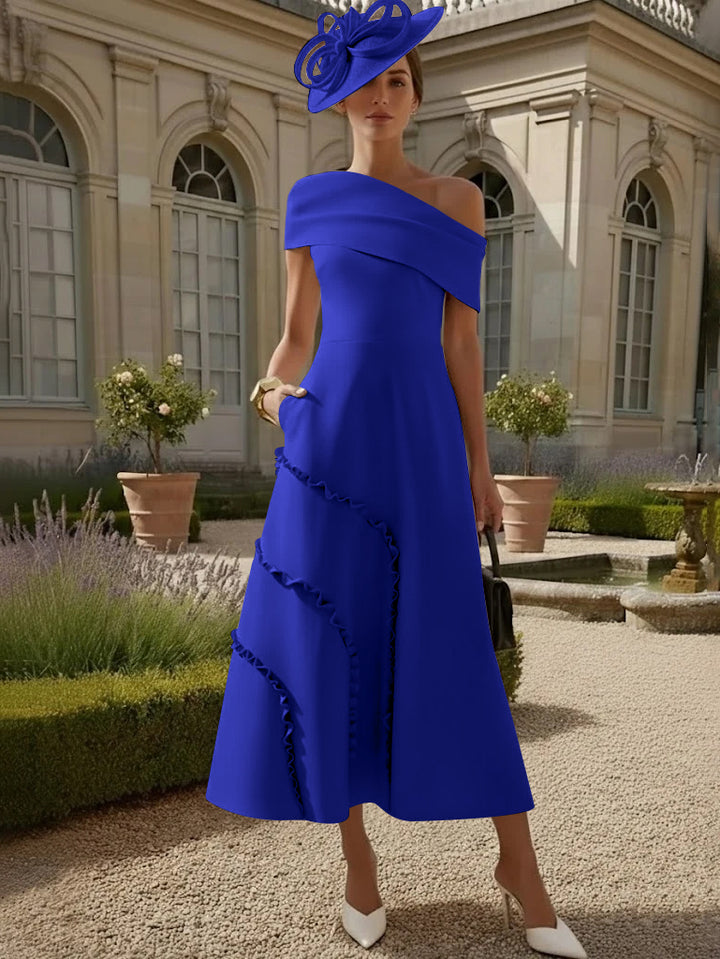 A-Line/Princess One-Shoulder Stretch Satin Mother of the Bride Dresses Tea-Length Sleeveless