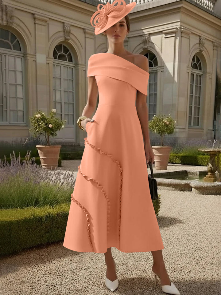 A-Line/Princess One-Shoulder Stretch Satin Mother of the Bride Dresses Tea-Length Sleeveless