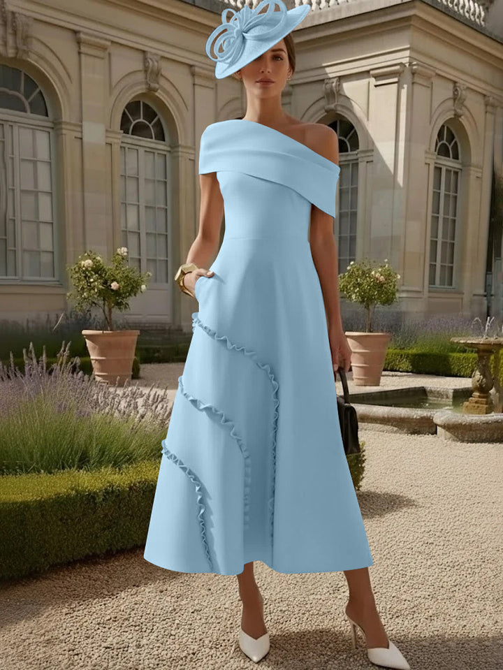 A-Line/Princess One-Shoulder Stretch Satin Mother of the Bride Dresses Tea-Length Sleeveless