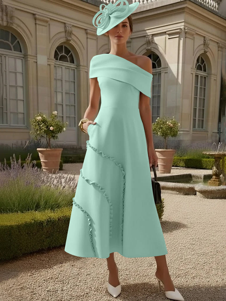 A-Line/Princess One-Shoulder Stretch Satin Mother of the Bride Dresses Tea-Length Sleeveless