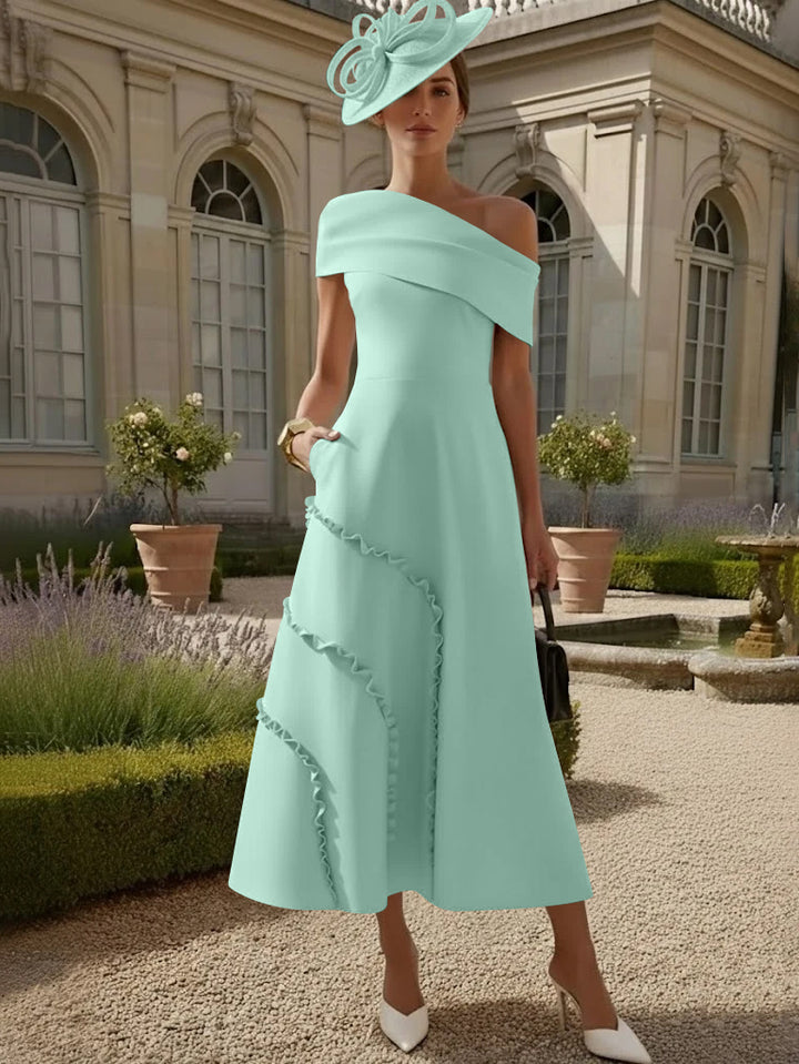 A-Line/Princess One-Shoulder Stretch Satin Mother of the Bride Dresses Tea-Length Sleeveless