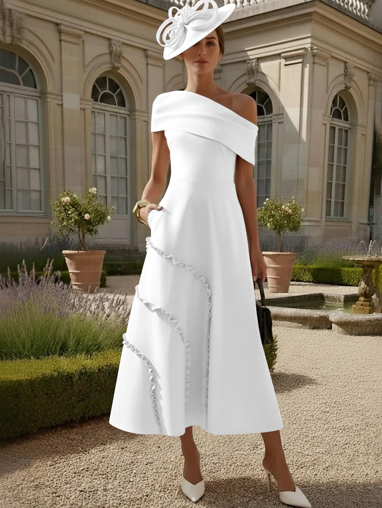 A-Line/Princess One-Shoulder Stretch Satin Mother of the Bride Dresses Tea-Length Sleeveless