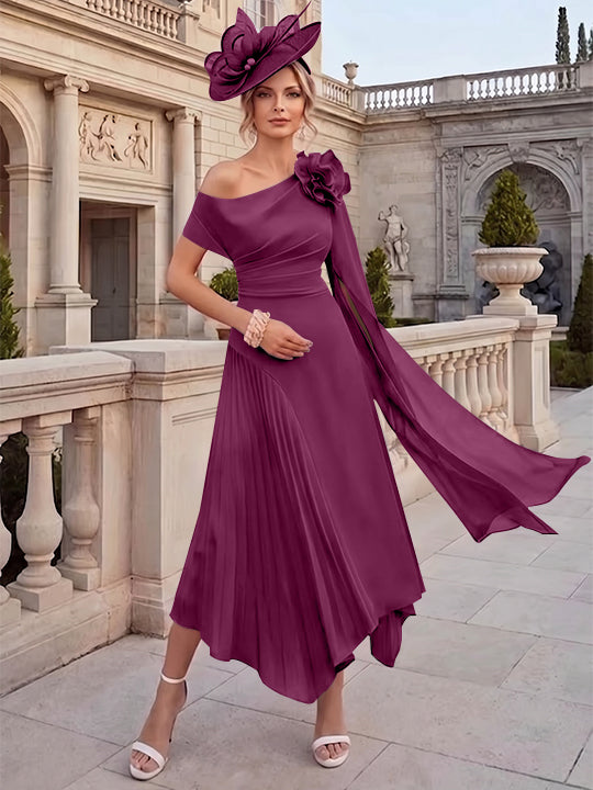 A-Line/Princess One-Shoulder Chiffon Mother of the Bride Dresses Ankle-Length Sleeveless Asymmetrical 3D Flower