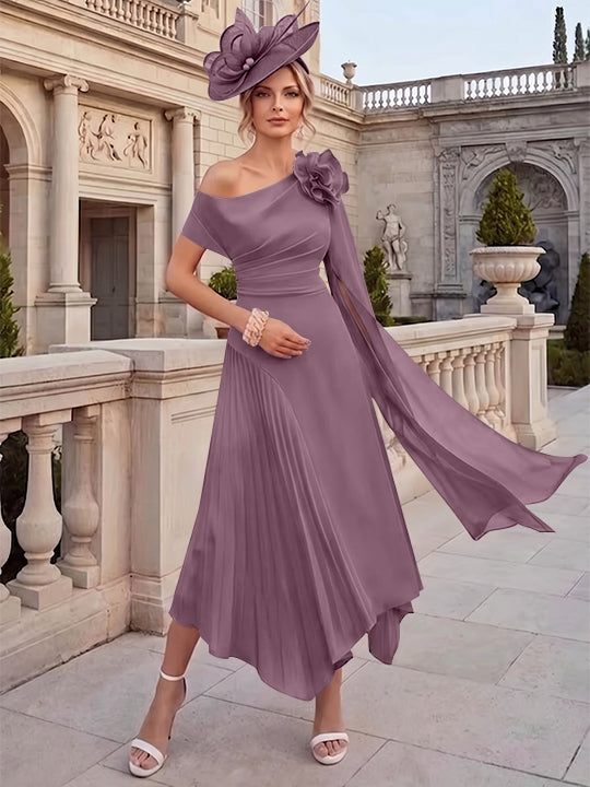 A-Line/Princess One-Shoulder Chiffon Mother of the Bride Dresses Ankle-Length Sleeveless Asymmetrical 3D Flower