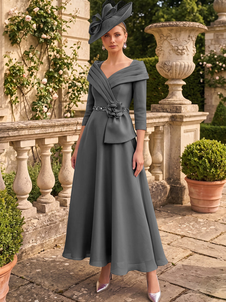 A-Line/Princess V-Neck Chiffon Mother of the Bride Dresses Ankle-Length 3/4 Sleeves 3D Flower Sequins