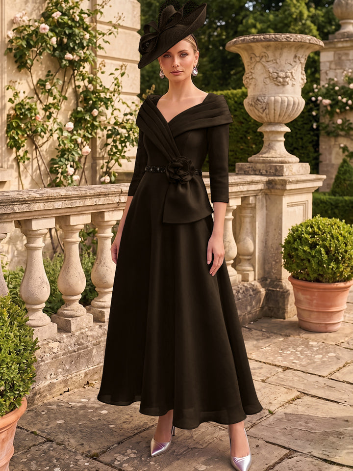 A-Line/Princess V-Neck Chiffon Mother of the Bride Dresses Ankle-Length 3/4 Sleeves 3D Flower Sequins