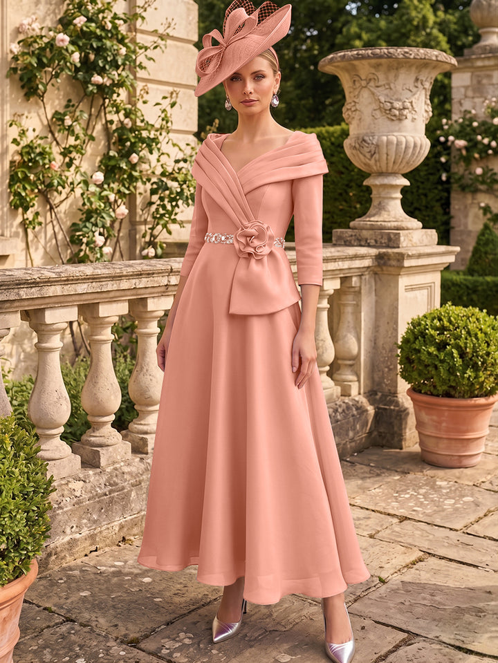 A-Line/Princess V-Neck Chiffon Mother of the Bride Dresses Ankle-Length 3/4 Sleeves 3D Flower Sequins