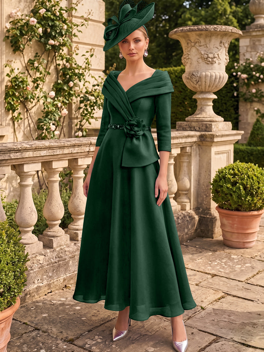 A-Line/Princess V-Neck Chiffon Mother of the Bride Dresses Ankle-Length 3/4 Sleeves 3D Flower Sequins