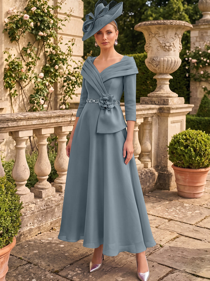 A-Line/Princess V-Neck Chiffon Mother of the Bride Dresses Ankle-Length 3/4 Sleeves 3D Flower Sequins