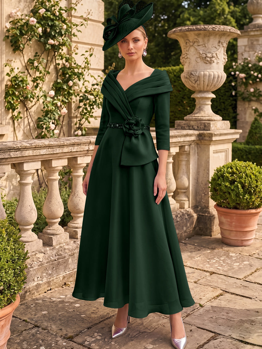 A-Line/Princess V-Neck Chiffon Mother of the Bride Dresses Ankle-Length 3/4 Sleeves 3D Flower Sequins