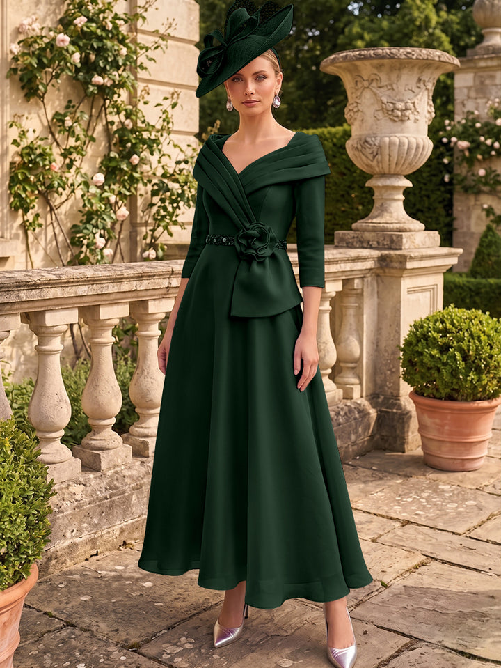 A-Line/Princess V-Neck Chiffon Mother of the Bride Dresses Ankle-Length 3/4 Sleeves 3D Flower Sequins