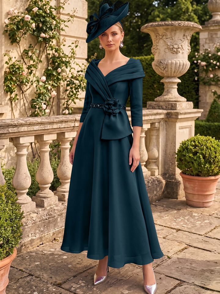A-Line/Princess V-Neck Chiffon Mother of the Bride Dresses Ankle-Length 3/4 Sleeves 3D Flower Sequins