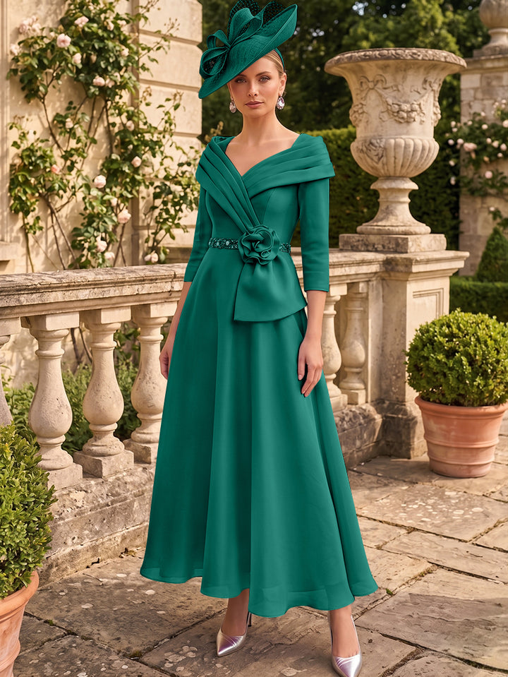 A-Line/Princess V-Neck Chiffon Mother of the Bride Dresses Ankle-Length 3/4 Sleeves 3D Flower Sequins