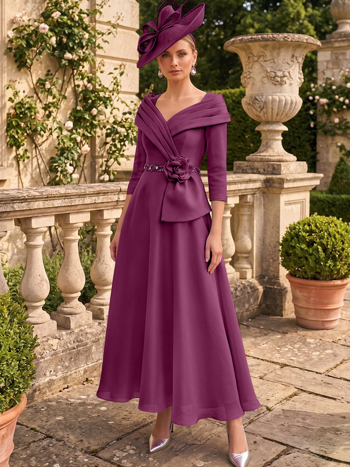 A-Line/Princess V-Neck Chiffon Mother of the Bride Dresses Ankle-Length 3/4 Sleeves 3D Flower Sequins