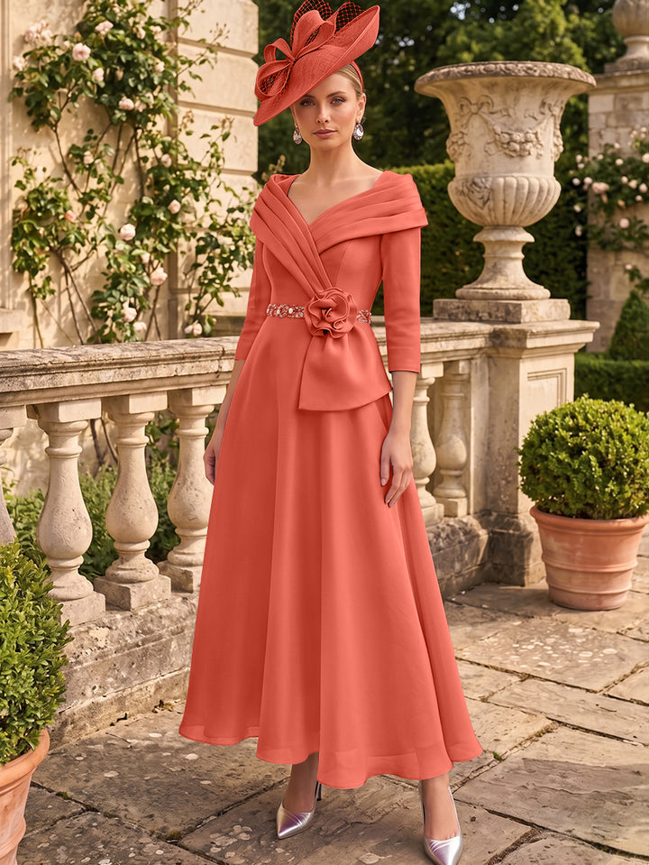 A-Line/Princess V-Neck Chiffon Mother of the Bride Dresses Ankle-Length 3/4 Sleeves 3D Flower Sequins