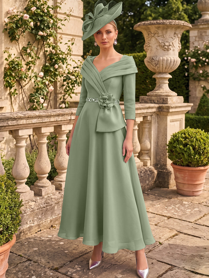 A-Line/Princess V-Neck Chiffon Mother of the Bride Dresses Ankle-Length 3/4 Sleeves 3D Flower Sequins