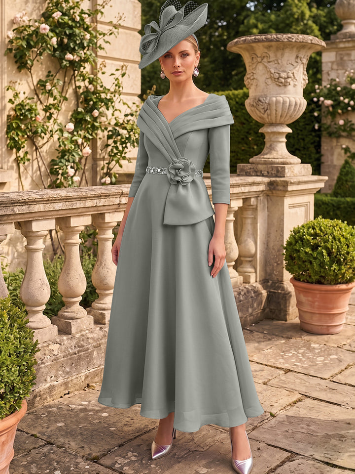A-Line/Princess V-Neck Chiffon Mother of the Bride Dresses Ankle-Length 3/4 Sleeves 3D Flower Sequins
