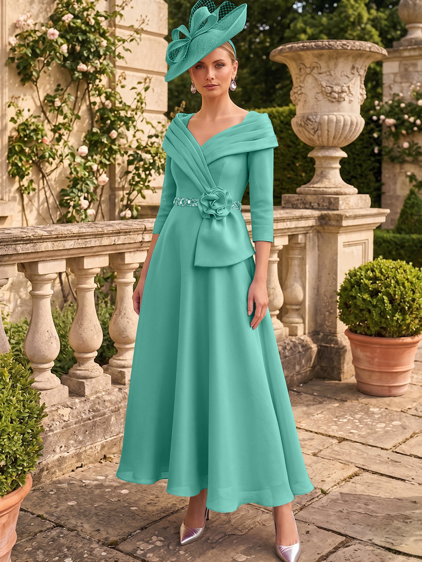 A-Line/Princess V-Neck Chiffon Mother of the Bride Dresses Ankle-Length 3/4 Sleeves 3D Flower Sequins