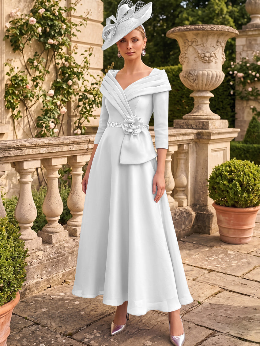 A-Line/Princess V-Neck Chiffon Mother of the Bride Dresses Ankle-Length 3/4 Sleeves 3D Flower Sequins