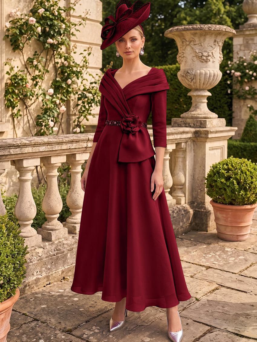 A-Line/Princess V-Neck Chiffon Mother of the Bride Dresses Ankle-Length 3/4 Sleeves 3D Flower Sequins