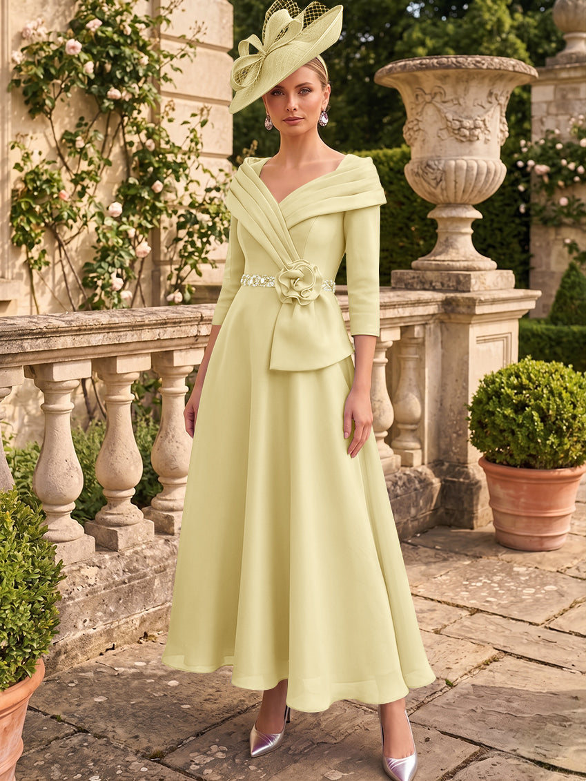A-Line/Princess V-Neck Chiffon Mother of the Bride Dresses Ankle-Length 3/4 Sleeves 3D Flower Sequins