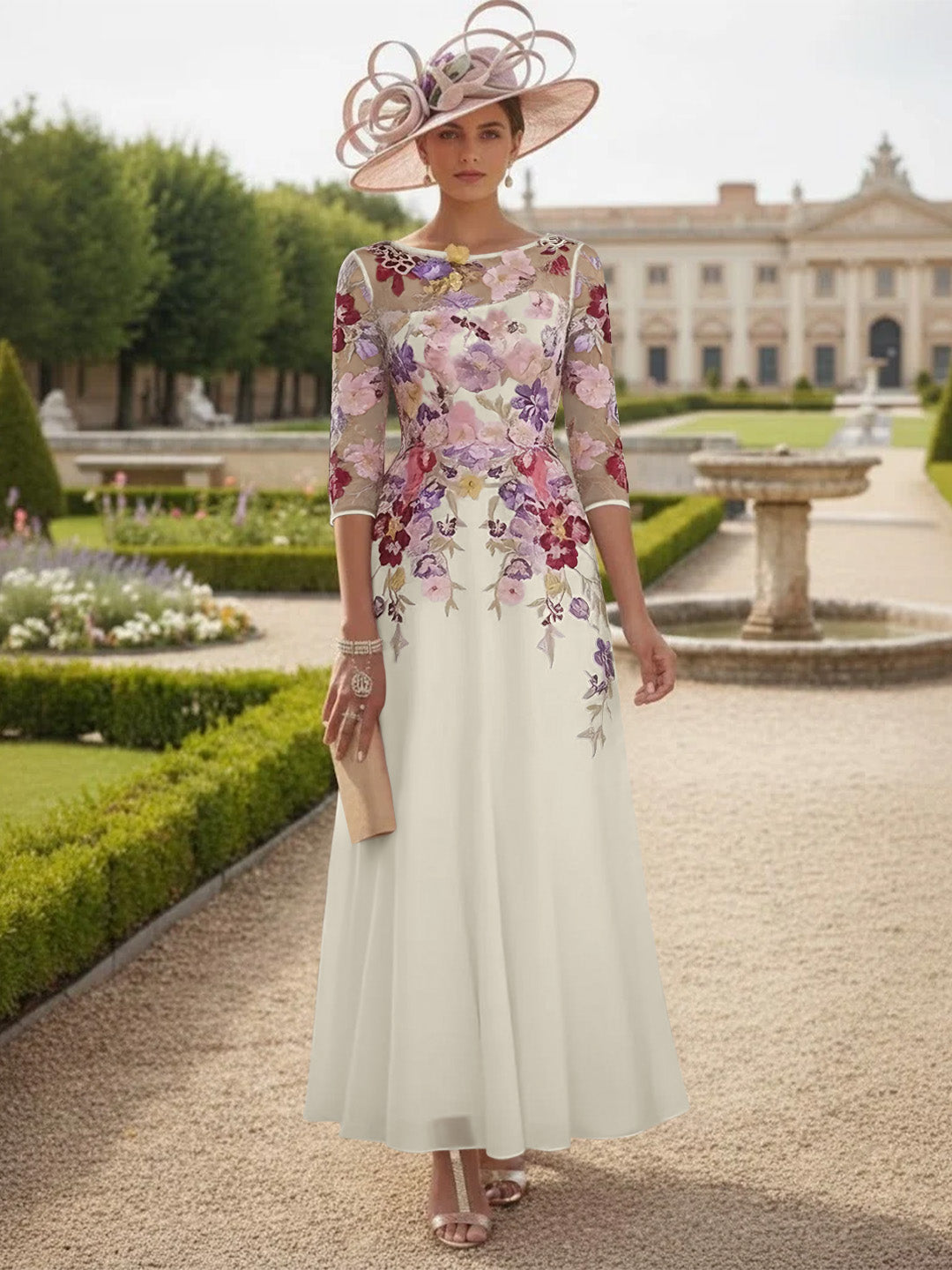 A-Line/Princess Scoop Chiffon Mother of the Bride Dresses Lace Floral Half Sleeves Ankle-Length