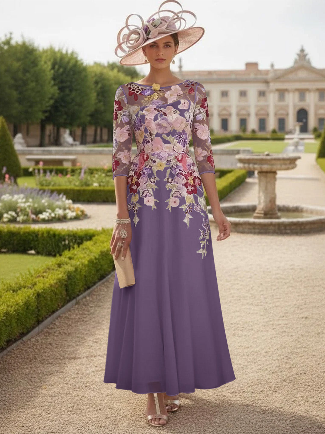 A-Line/Princess Scoop Chiffon Mother of the Bride Dresses Lace Floral Half Sleeves Ankle-Length