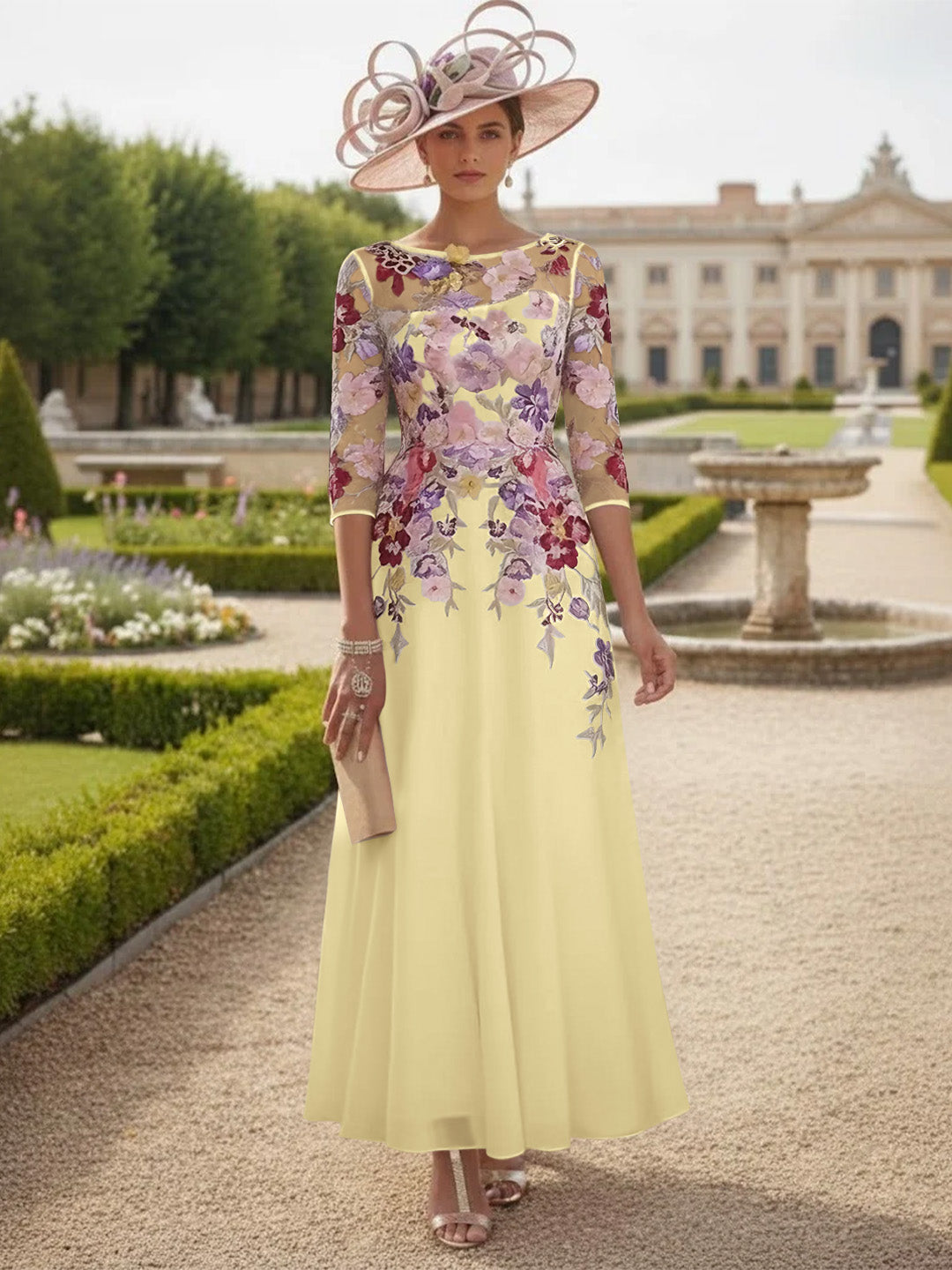 A-Line/Princess Scoop Chiffon Mother of the Bride Dresses Lace Floral Half Sleeves Ankle-Length