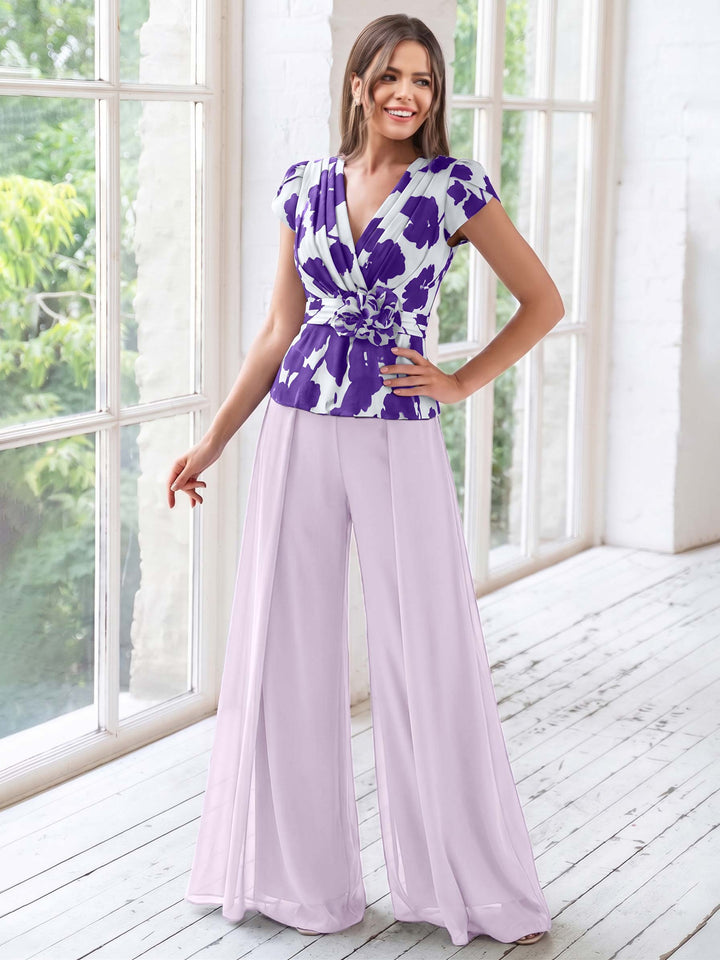 A-Line/Princess V-Neck Short Sleeves Floor-Length Mother of the Bride Floral Pants Suit