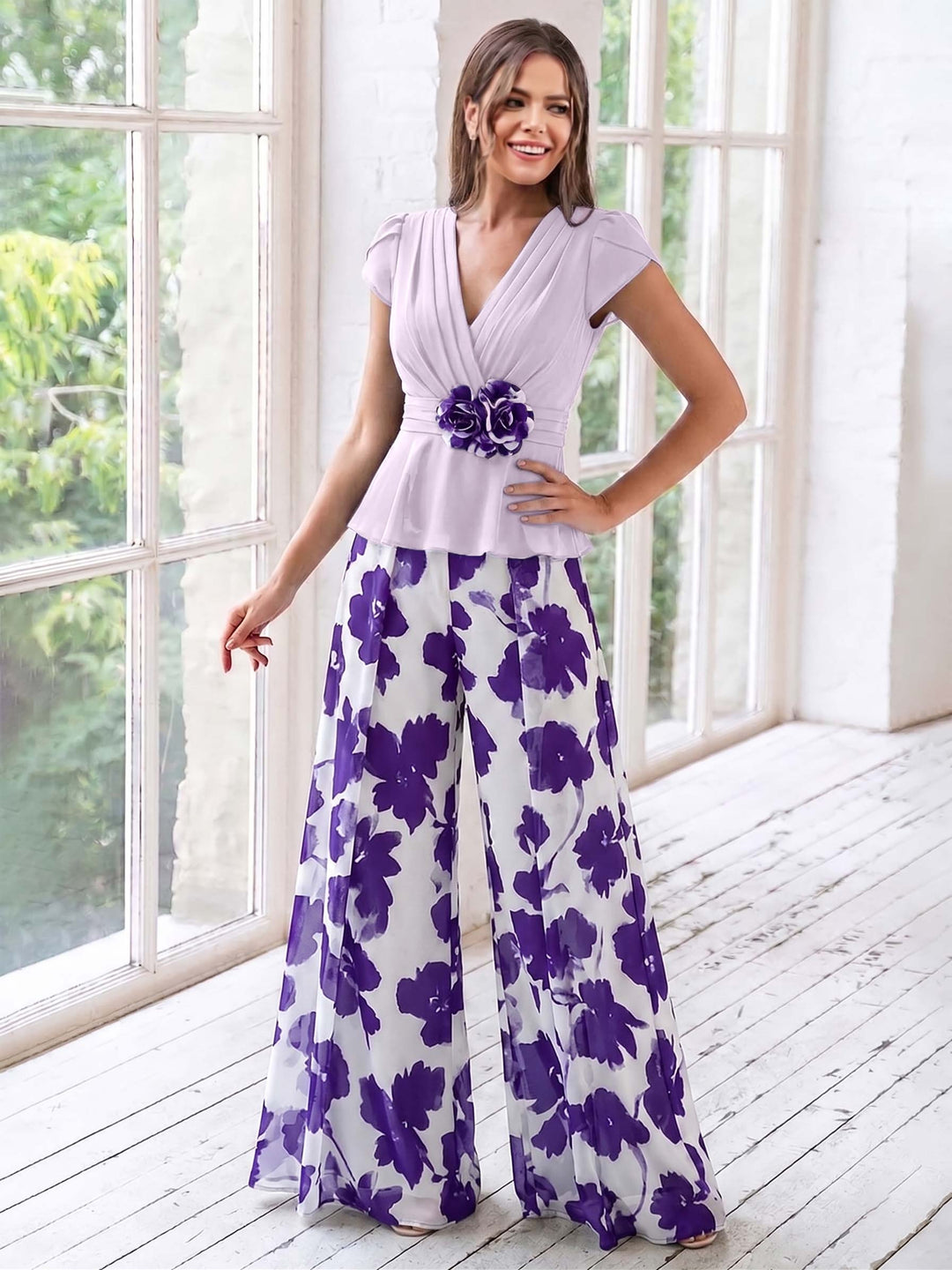 A-Line/Princess V-Neck Short Sleeves Floor-Length Mother of the Bride Floral Jumpsuit