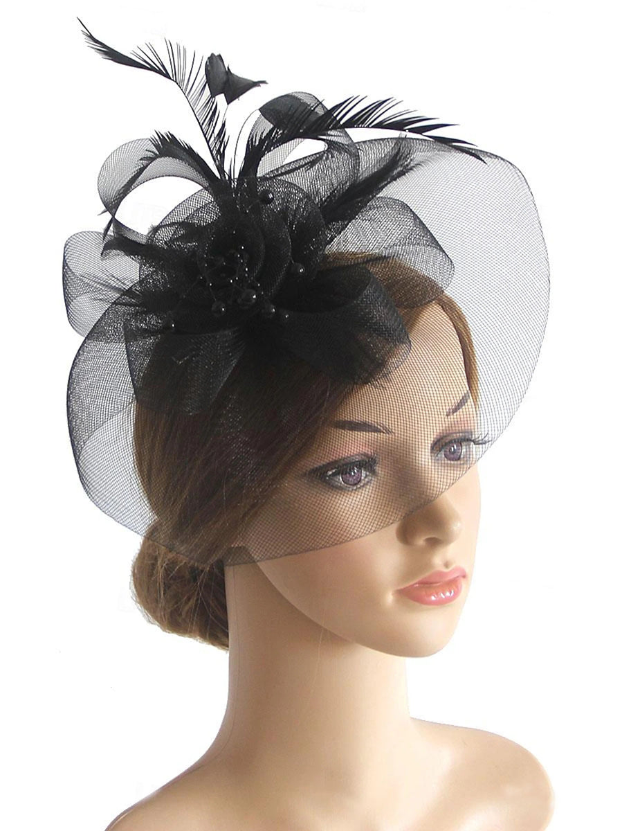 Vintage Organza Horse Race Cocktail Party Feather Veil Hat/Headpiece With Bow
