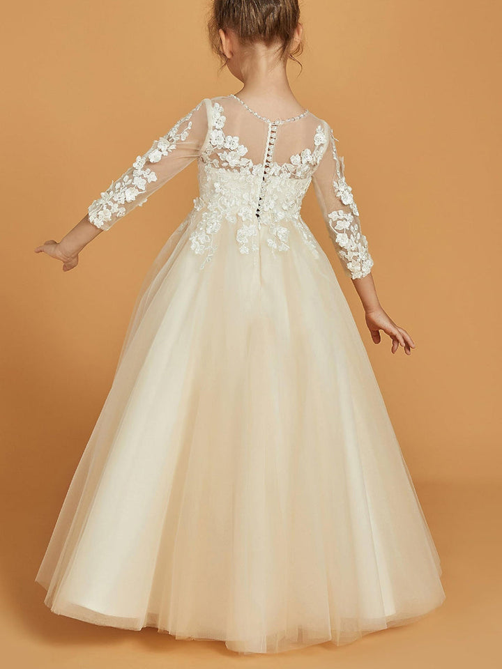 A-Line/Princess Scoop 3/4 Sleeves Flower Girl Dresses with Appliques & Pearl