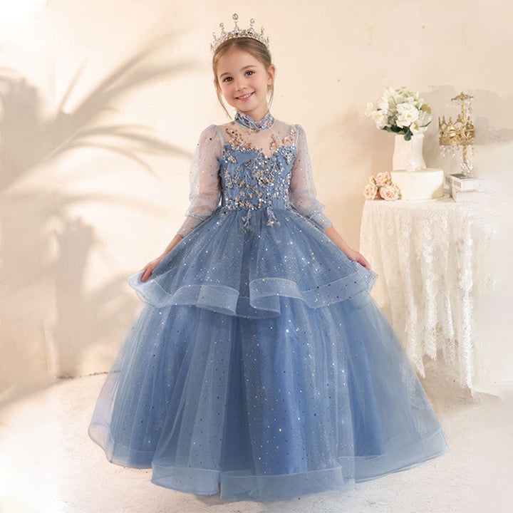 Long Sleeves A-Line/Princess High Neck Girl Party Dress with  Rhinestones Appliques