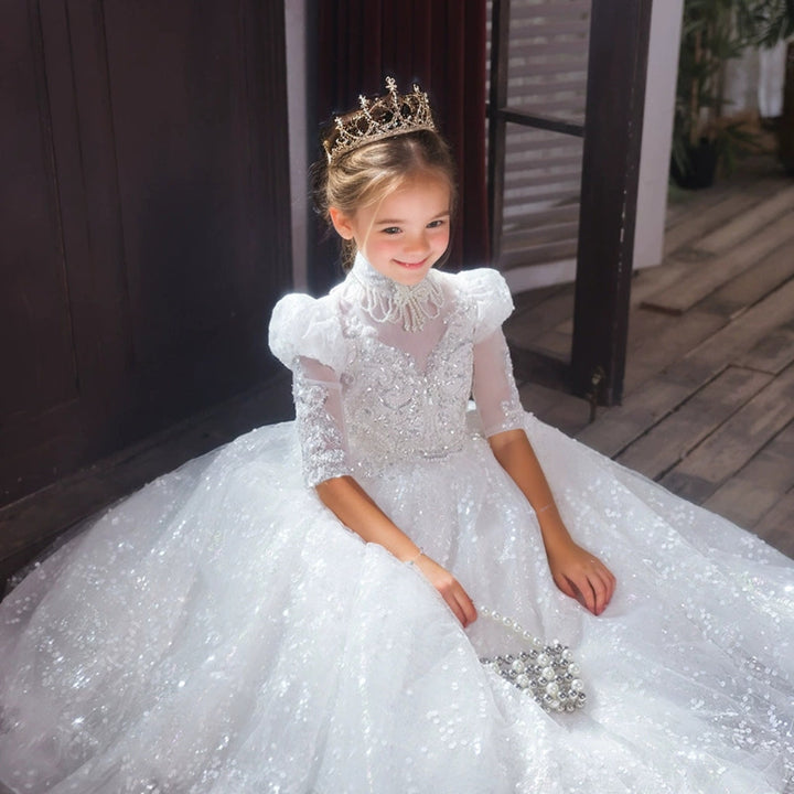 A-Line/Princess 3/4 Sleeves Flower Girl Lace Party Dress with Rhinestone Appliques