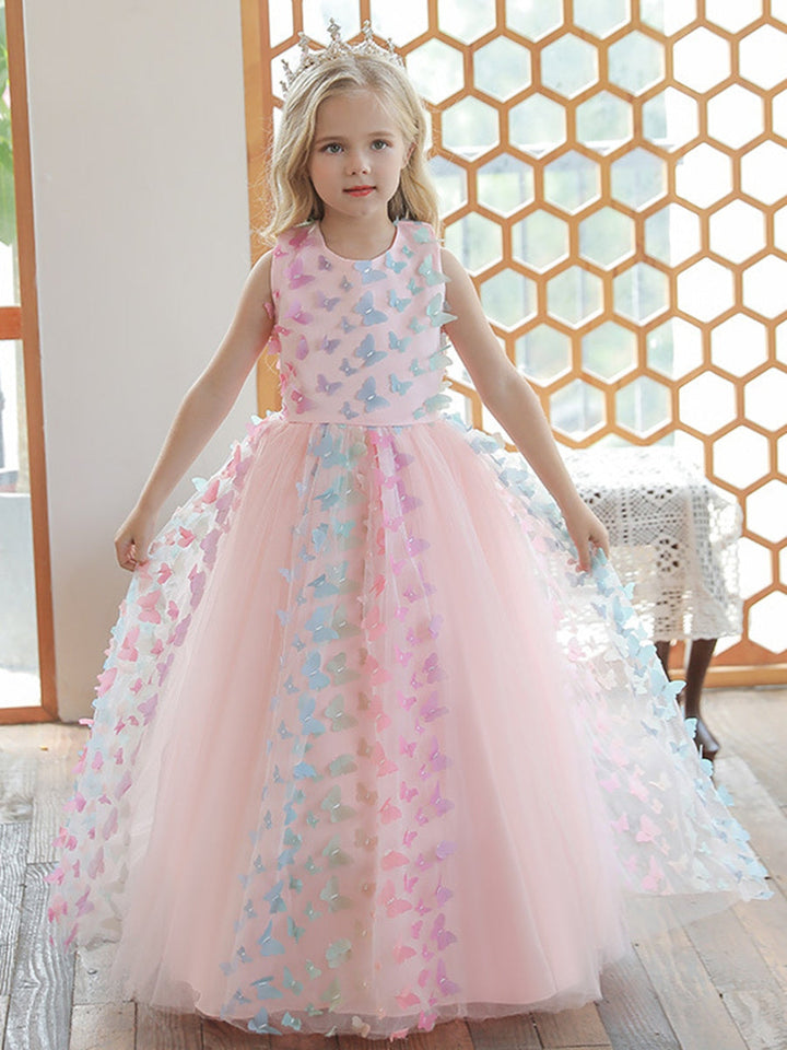 Ball Gown Scoop Neck Sleeveless Floor-Length Flower Girl Dress with 3D Butterfly