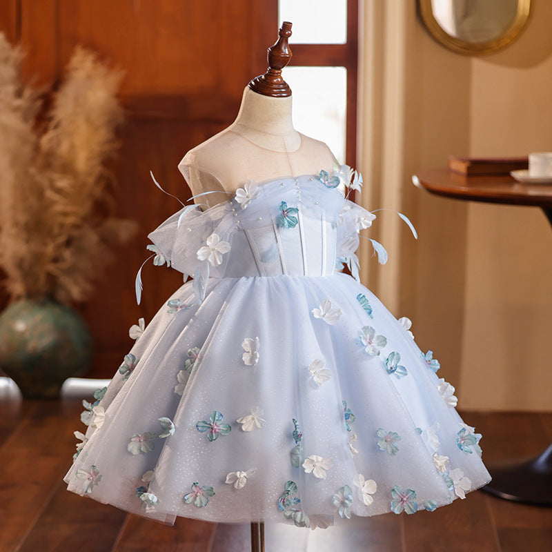 Ball Gown Scoop Neck Sleeveless Pleated Elegant Flower Girl Dress with Feather & Flower