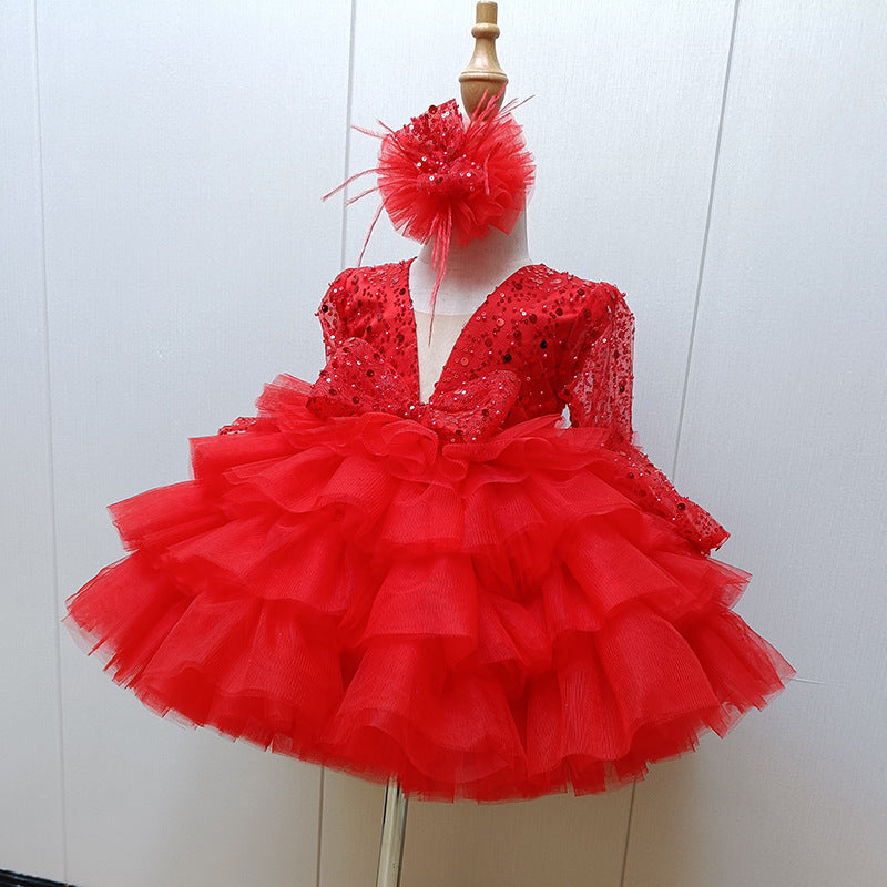Ball Gown Square Neck Long Sleeves Sparkling Sequins Flower Girl Dress with Ruffles & Bow