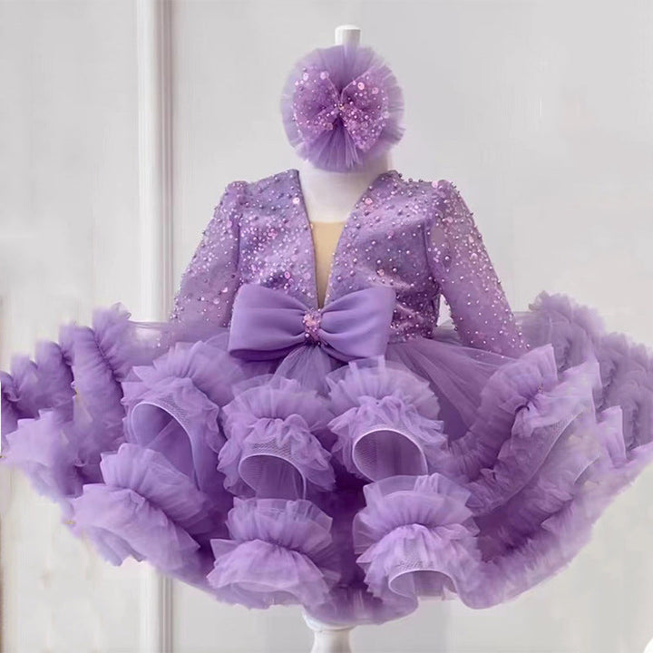 Purple Ball Gown Round Neck Long Sleeves Elegant Flower Girl Dress with Sequins & Bow