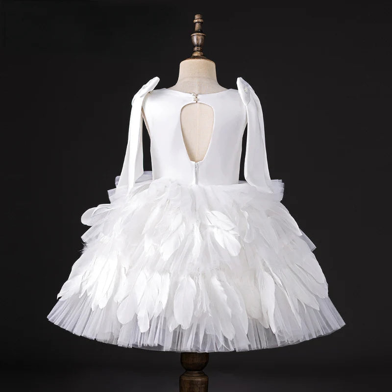 A-Line/Princess Round Neck Sleeveless Elegant White Flower Girl Dress with Feathers & Bow