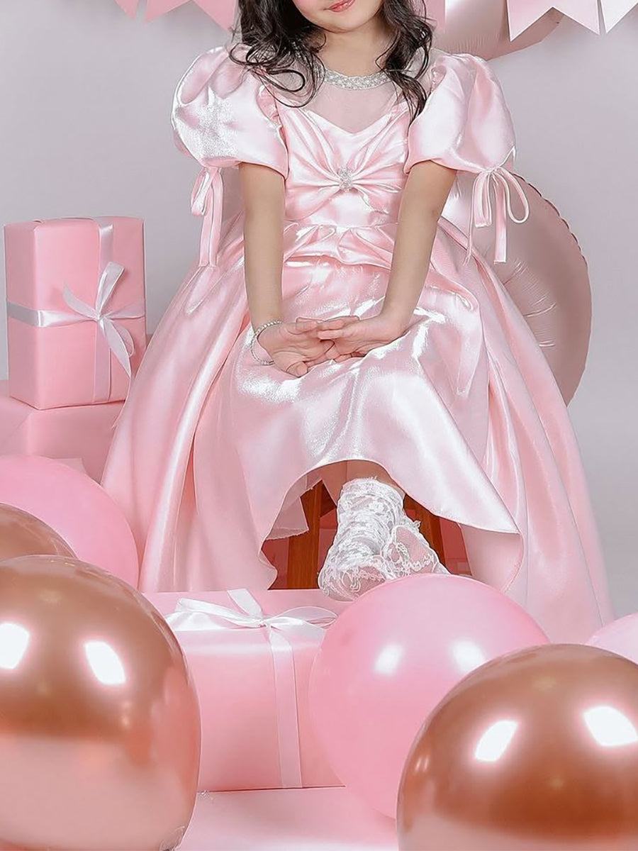 Ball Gown Scoop Sweet Tea Length Flower Girl Dress With Ruffles & Bow(s) & Pearl