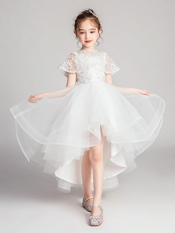 A-Line/Princess Jewel Neck Flutter Sleeves Asymmetrical Flower Girl Dresses with Lace Appliques