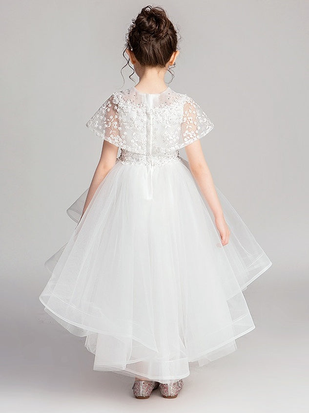 A-Line/Princess Jewel Neck Flutter Sleeves Asymmetrical Flower Girl Dresses with Lace Appliques