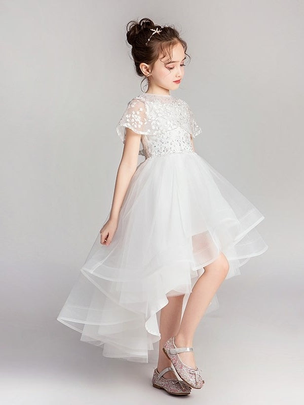 A-Line/Princess Jewel Neck Flutter Sleeves Asymmetrical Flower Girl Dresses with Lace Appliques
