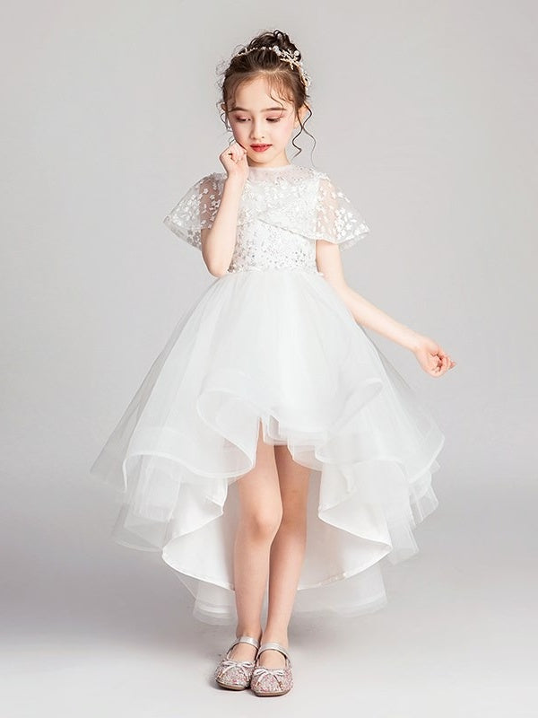 A-Line/Princess Jewel Neck Flutter Sleeves Asymmetrical Flower Girl Dresses with Lace Appliques