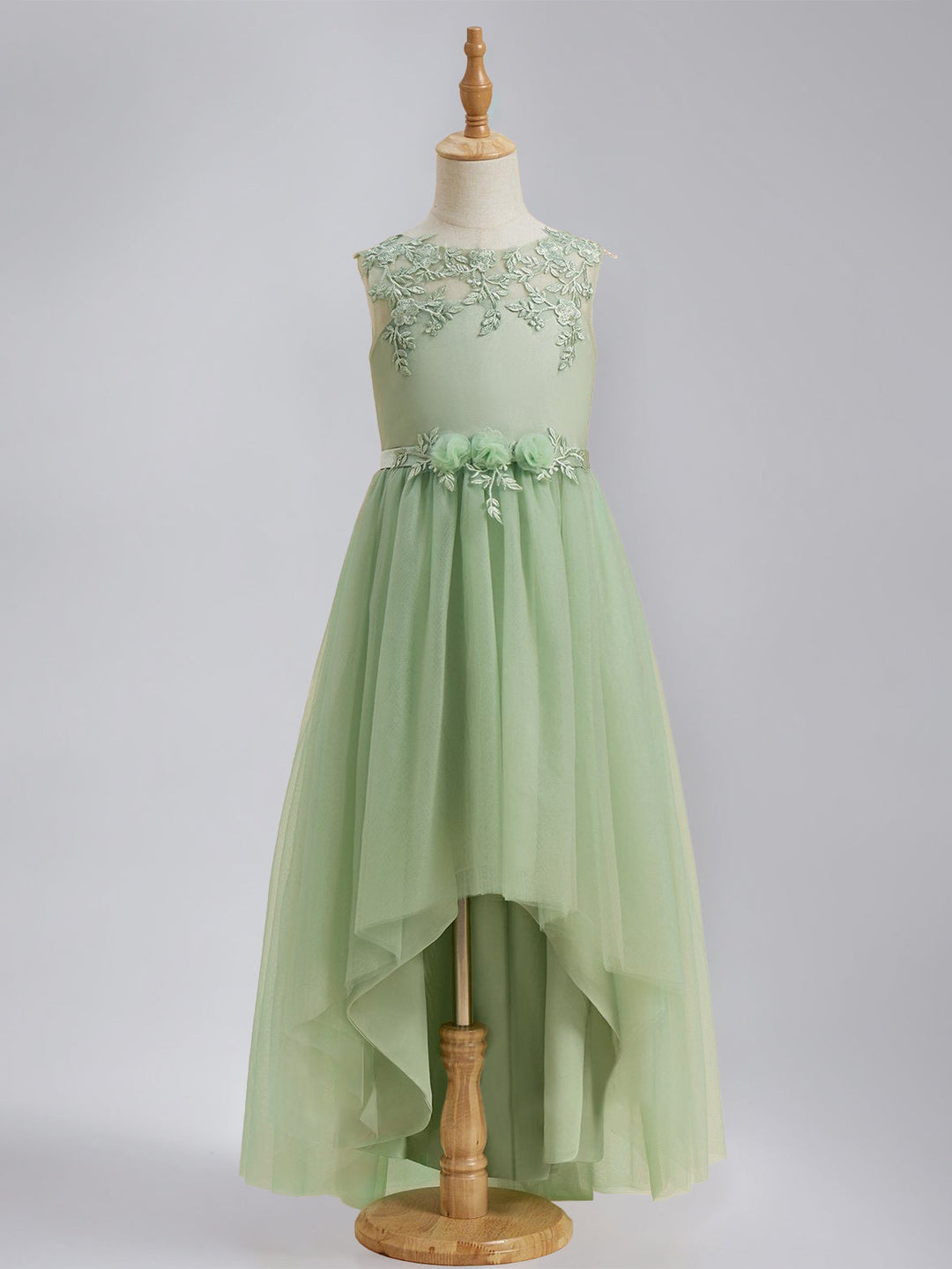 A-Line/Princess Scoop Sleeveless Asymmetrical Pleated Flower Girl Dresses with Sash & Lace Appliques
