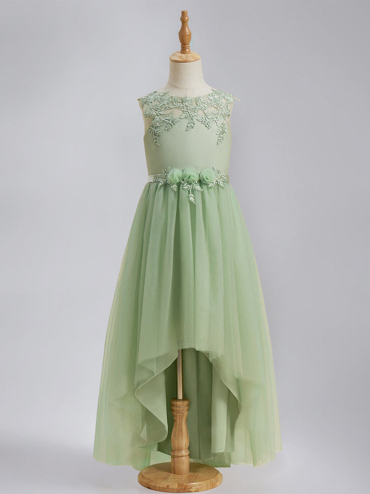 A-Line/Princess Scoop Sleeveless Asymmetrical Pleated Flower Girl Dresses with Sash & Lace Appliques