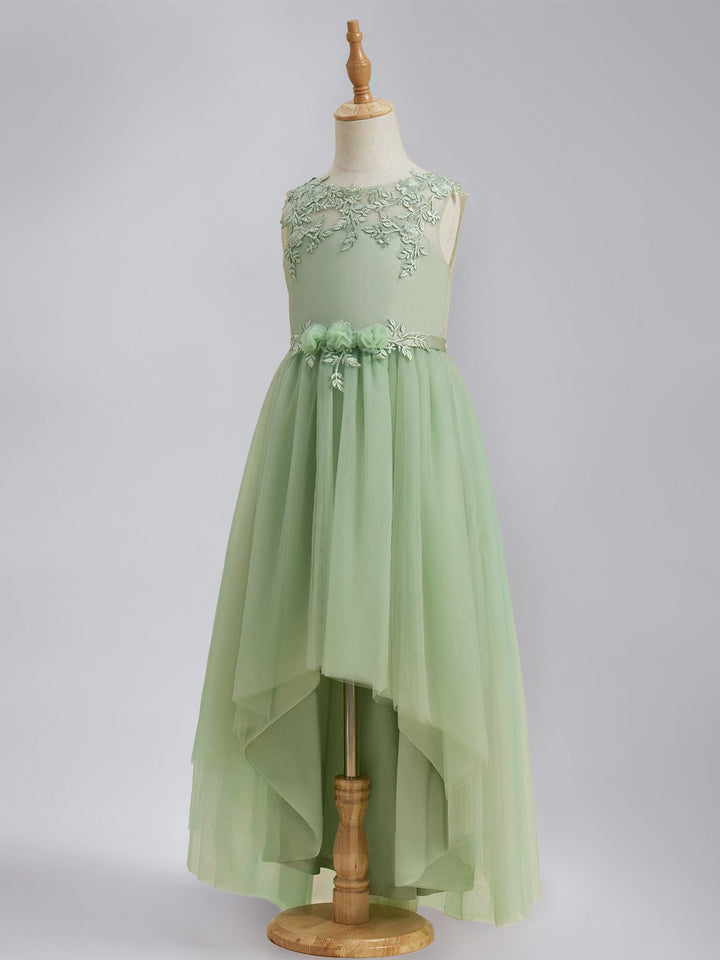 A-Line/Princess Scoop Sleeveless Asymmetrical Pleated Flower Girl Dresses with Sash & Lace Appliques
