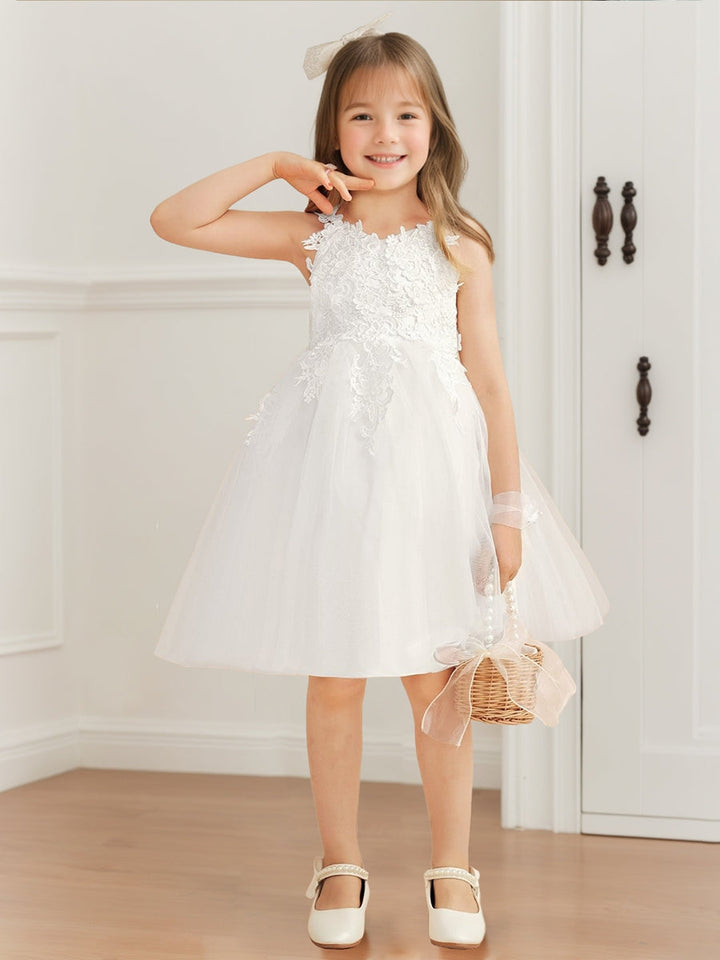 A-Line/Princess V-Neck Tulle Sleeveless Flower Girl Dresses with Bow & Appliques